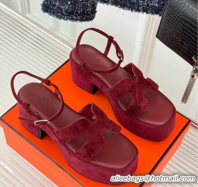 Trendy Design Hermes Jam Platform Sandals 7.5cm in Suede Burgundy 1230154