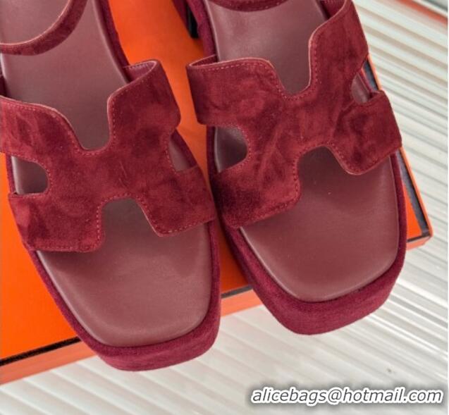 Trendy Design Hermes Jam Platform Sandals 7.5cm in Suede Burgundy 1230154