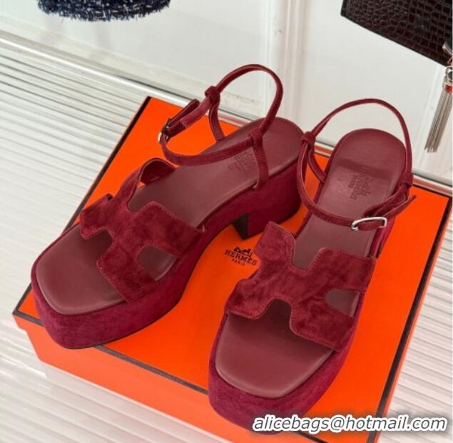 Trendy Design Hermes Jam Platform Sandals 7.5cm in Suede Burgundy 1230154