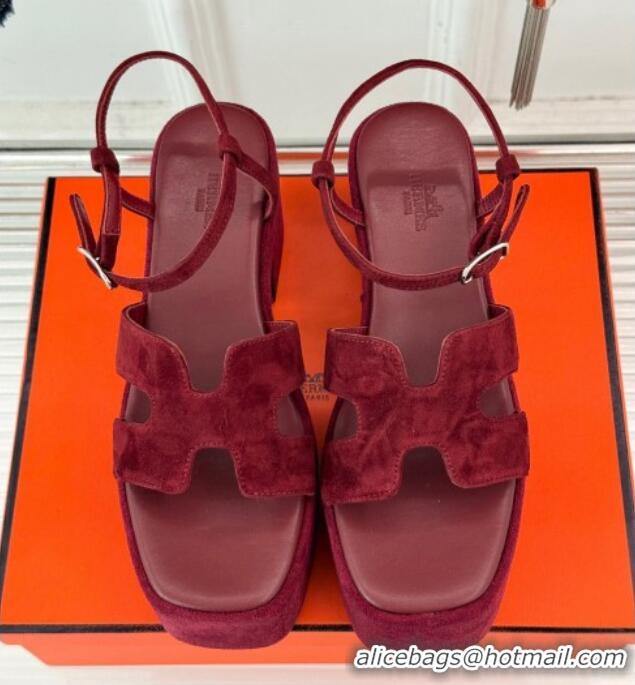 Trendy Design Hermes Jam Platform Sandals 7.5cm in Suede Burgundy 1230154