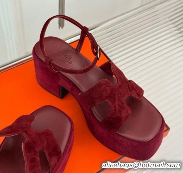 Trendy Design Hermes Jam Platform Sandals 7.5cm in Suede Burgundy 1230154