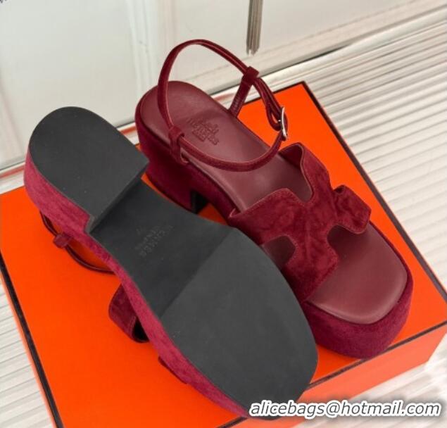 Trendy Design Hermes Jam Platform Sandals 7.5cm in Suede Burgundy 1230154