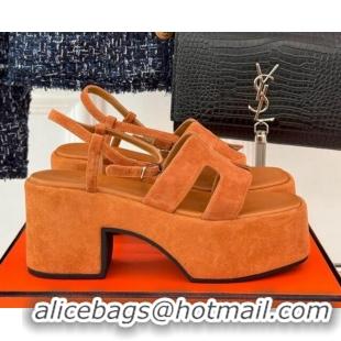 Stylish Hermes Jam Platform Sandals 7.5cm in Suede Brown Yellow 1230155