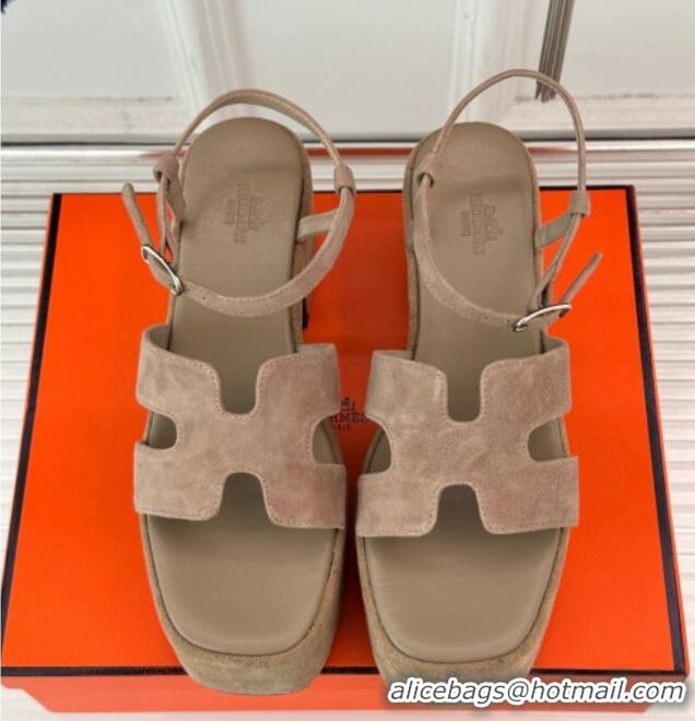 Popular Style Hermes Jam Platform Sandals 7.5cm in Suede Beige 1230156