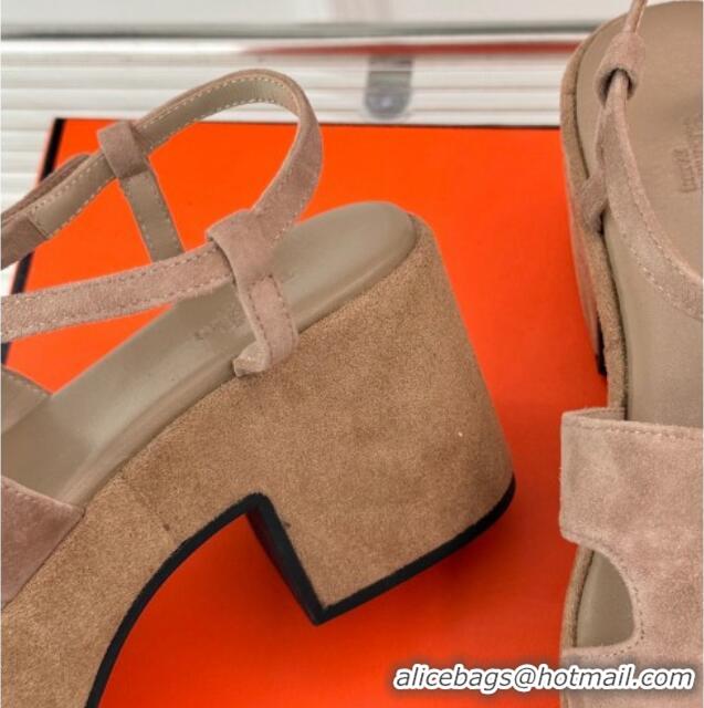 Popular Style Hermes Jam Platform Sandals 7.5cm in Suede Beige 1230156