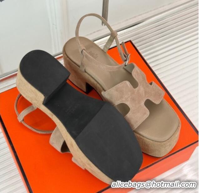 Popular Style Hermes Jam Platform Sandals 7.5cm in Suede Beige 1230156