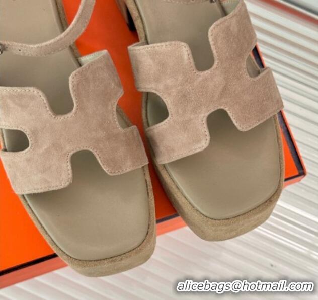 Popular Style Hermes Jam Platform Sandals 7.5cm in Suede Beige 1230156