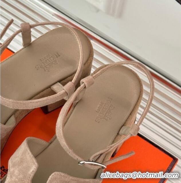 Popular Style Hermes Jam Platform Sandals 7.5cm in Suede Beige 1230156