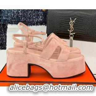 Duplicate Hermes Jam Platform Sandals 7.5cm in Suede Light Pink 1230157