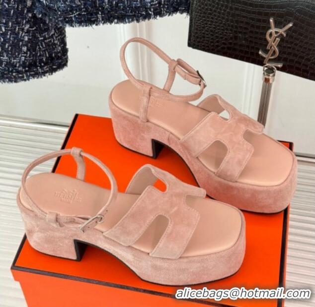 Duplicate Hermes Jam Platform Sandals 7.5cm in Suede Light Pink 1230157