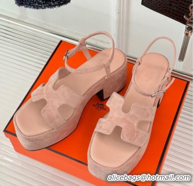 Duplicate Hermes Jam Platform Sandals 7.5cm in Suede Light Pink 1230157