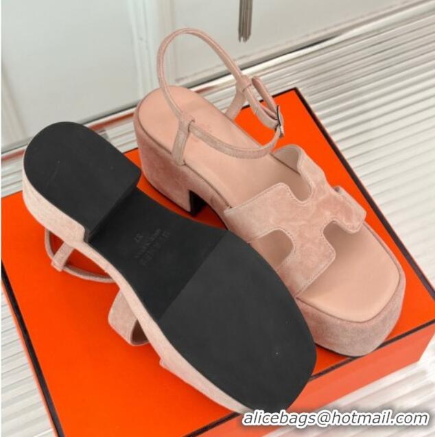 Duplicate Hermes Jam Platform Sandals 7.5cm in Suede Light Pink 1230157