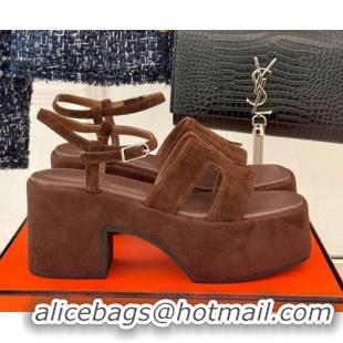 Sophisticated Hermes Jam Platform Sandals 7.5cm in Suede Dark Brown 1230158