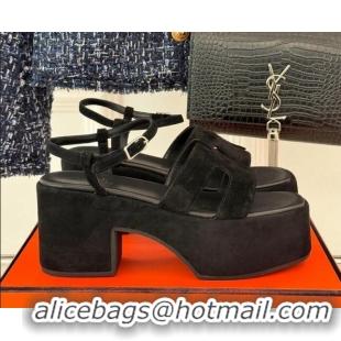 Luxury Cheap Hermes Jam Platform Sandals 7.5cm in Suede Black 1230159