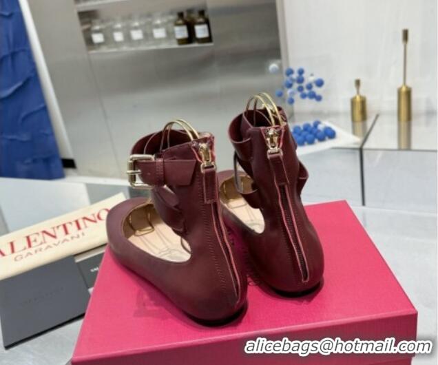 Good Product Valentino Calfskin Ballerina Flats with Ankle Strap Burgundy 1226001