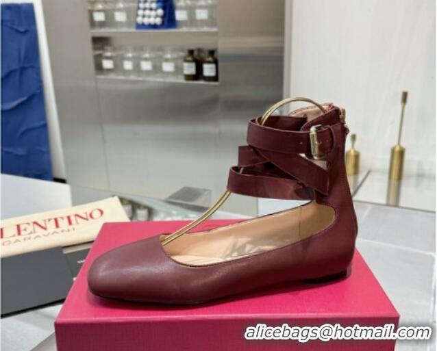 Good Product Valentino Calfskin Ballerina Flats with Ankle Strap Burgundy 1226001