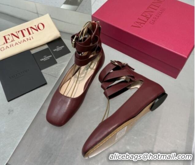 Good Product Valentino Calfskin Ballerina Flats with Ankle Strap Burgundy 1226001