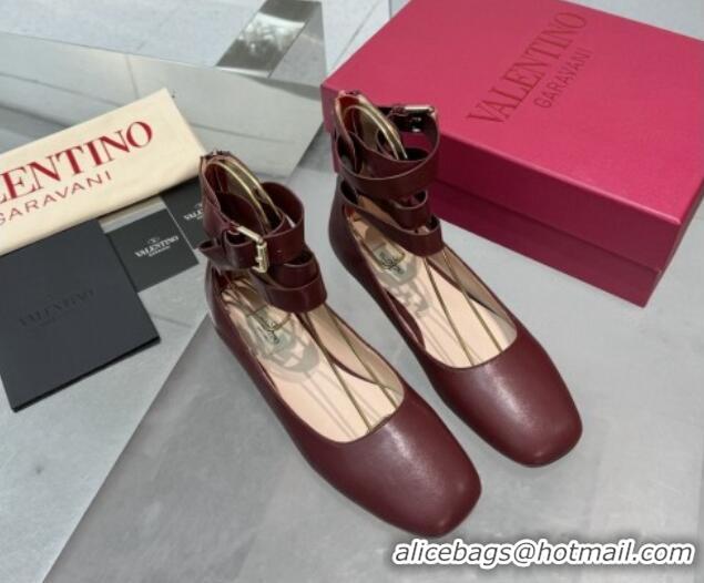 Good Product Valentino Calfskin Ballerina Flats with Ankle Strap Burgundy 1226001