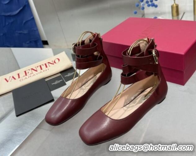 Good Product Valentino Calfskin Ballerina Flats with Ankle Strap Burgundy 1226001