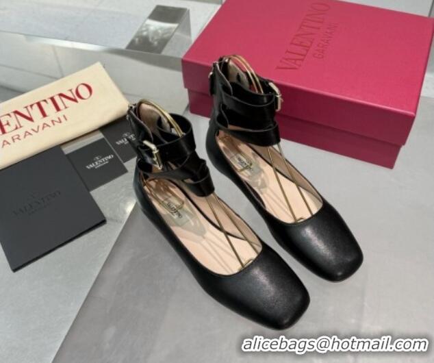 Top Design Valentino Calfskin Ballerina Flats with Ankle Strap Black 1226002