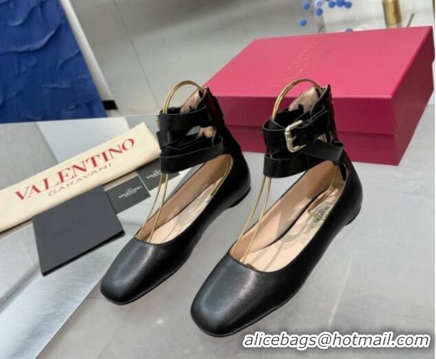 Top Design Valentino Calfskin Ballerina Flats with Ankle Strap Black 1226002