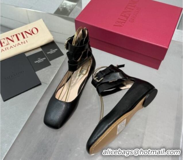 Top Design Valentino Calfskin Ballerina Flats with Ankle Strap Black 1226002