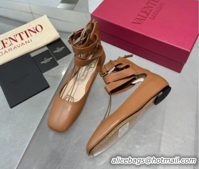 Luxurious Valentino Calfskin Ballerina Flats with Ankle Strap Brown 1226003