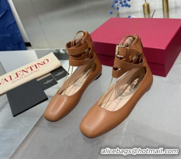 Luxurious Valentino Calfskin Ballerina Flats with Ankle Strap Brown 1226003