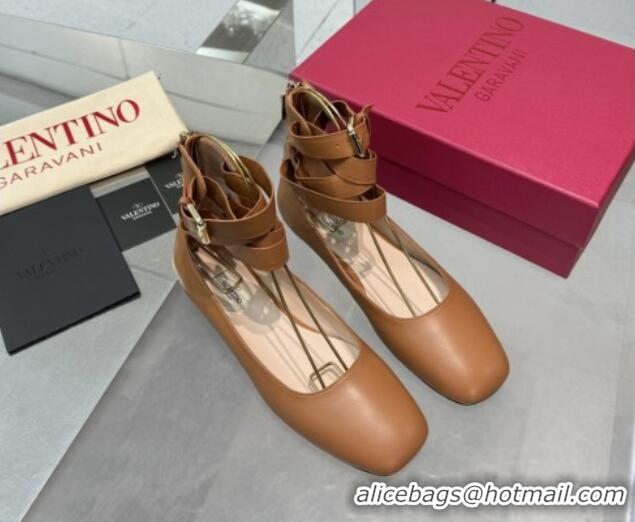 Luxurious Valentino Calfskin Ballerina Flats with Ankle Strap Brown 1226003