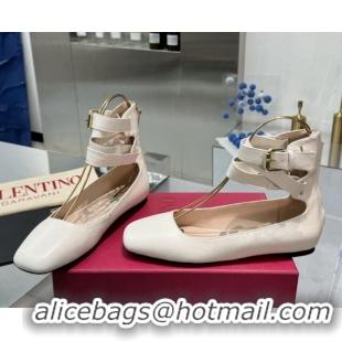 Unique Style Valentino Calfskin Ballerina Flats with Ankle Strap White 1226004