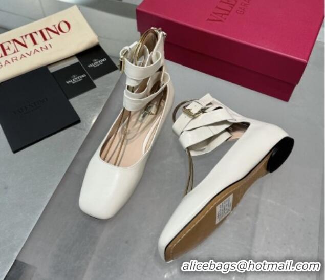 Unique Style Valentino Calfskin Ballerina Flats with Ankle Strap White 1226004