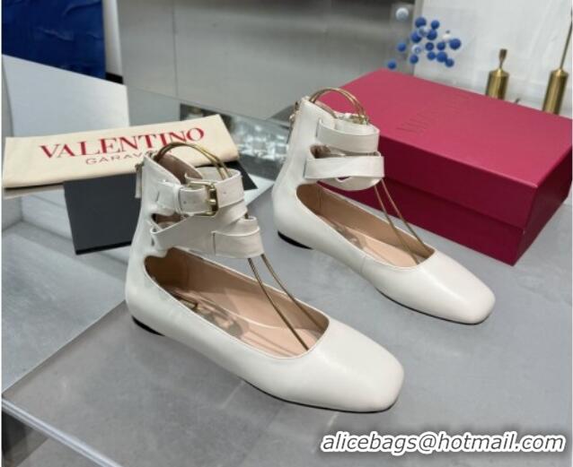 Unique Style Valentino Calfskin Ballerina Flats with Ankle Strap White 1226004