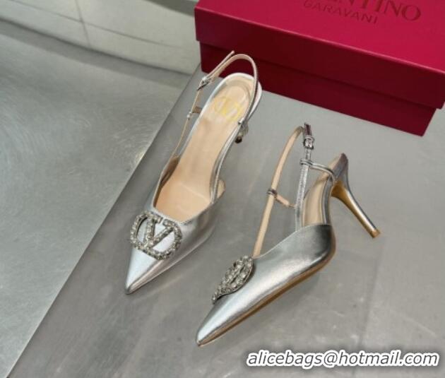 Good Quality Valentino Metallic Calfskin Slingback Pumps 8cm with Strass Silver 1226005