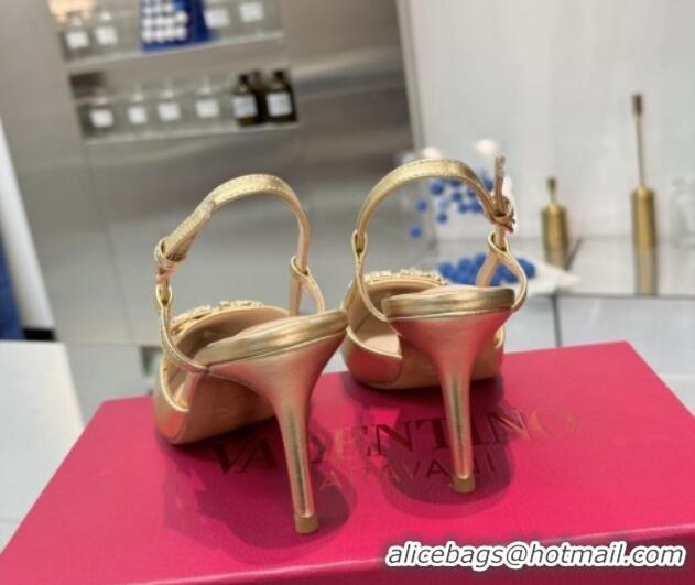 Good Looking Valentino Metallic Calfskin Slingback Pumps 8cm with Strass Gold Yellow 1226006