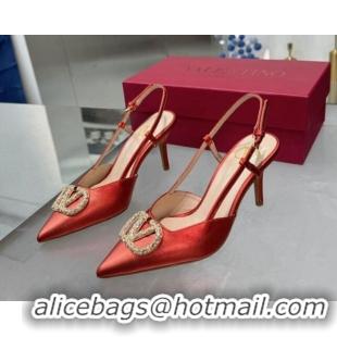 Best Product Valentino Metallic Calfskin Slingback Pumps 8cm with Strass Red 1226007