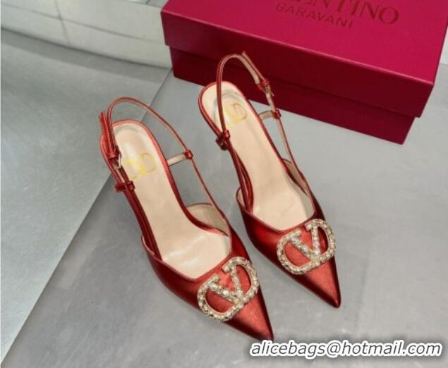 Best Product Valentino Metallic Calfskin Slingback Pumps 8cm with Strass Red 1226007