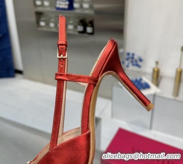 Best Product Valentino Metallic Calfskin Slingback Pumps 8cm with Strass Red 1226007