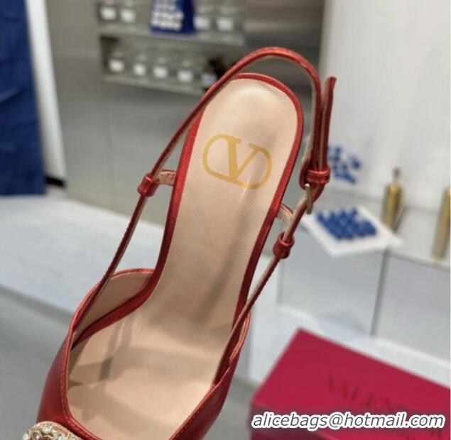 Best Product Valentino Metallic Calfskin Slingback Pumps 8cm with Strass Red 1226007