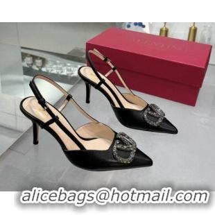 Top Grade Valentino Metallic Calfskin Slingback Pumps 8cm with Strass Black 1226008