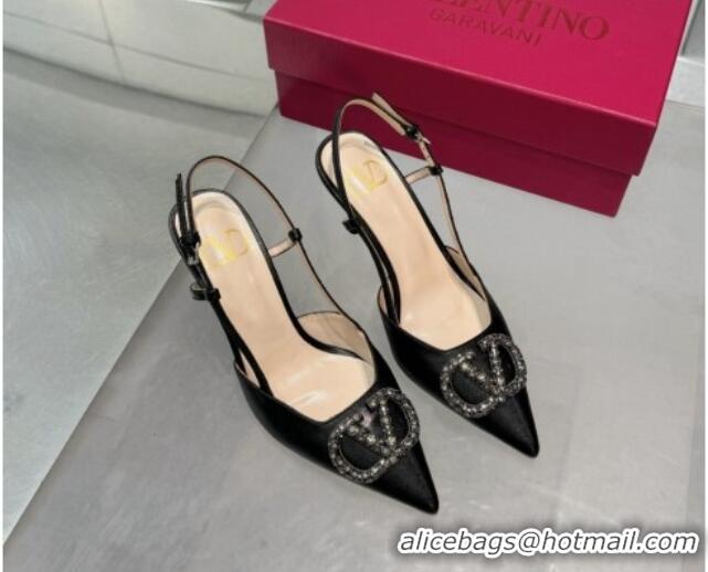 Top Grade Valentino Metallic Calfskin Slingback Pumps 8cm with Strass Black 1226008