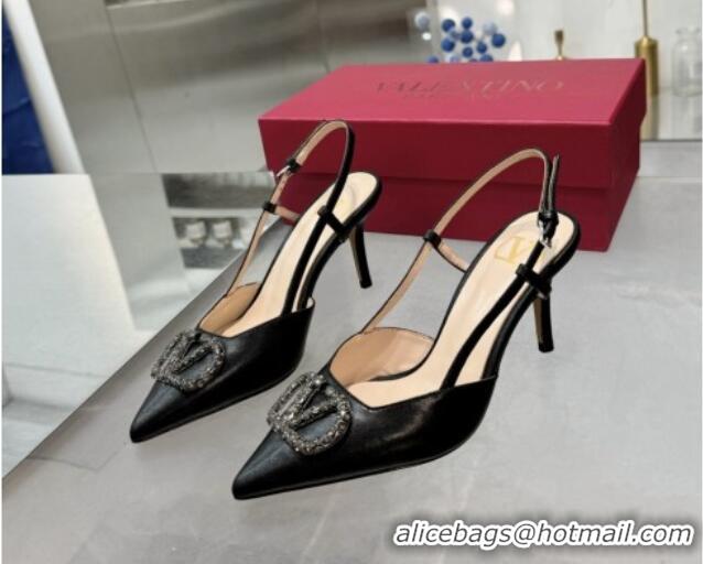 Top Grade Valentino Metallic Calfskin Slingback Pumps 8cm with Strass Black 1226008