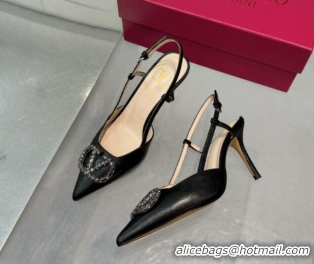 Top Grade Valentino Metallic Calfskin Slingback Pumps 8cm with Strass Black 1226008