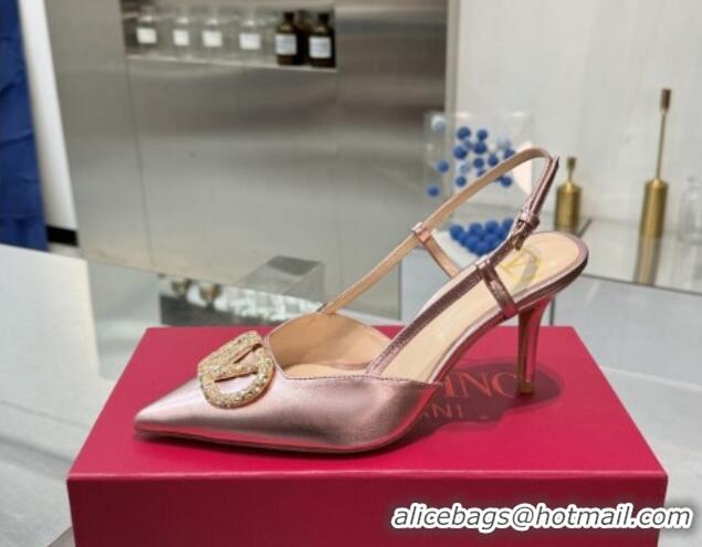 Low Price Valentino Metallic Calfskin Slingback Pumps 8cm with Strass Pink 1226009