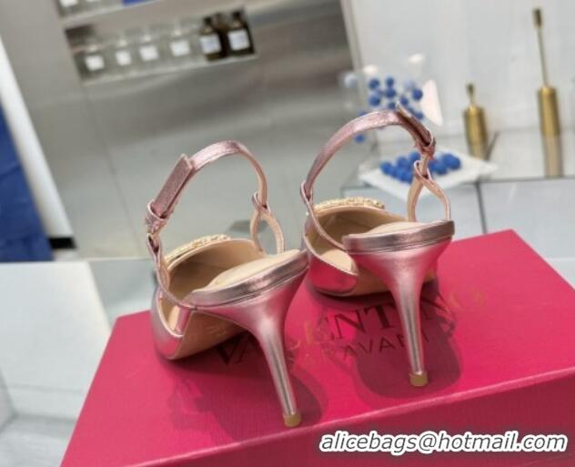 Low Price Valentino Metallic Calfskin Slingback Pumps 8cm with Strass Pink 1226009