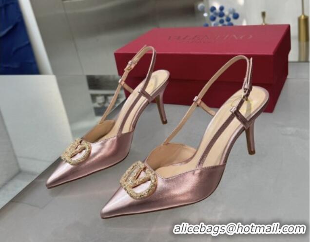 Low Price Valentino Metallic Calfskin Slingback Pumps 8cm with Strass Pink 1226009