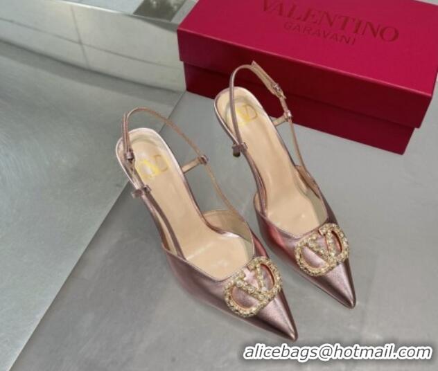 Low Price Valentino Metallic Calfskin Slingback Pumps 8cm with Strass Pink 1226009