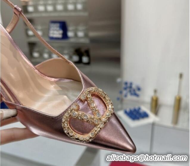 Low Price Valentino Metallic Calfskin Slingback Pumps 8cm with Strass Pink 1226009