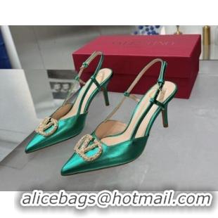 Luxury Discount Valentino Metallic Calfskin Slingback Pumps 8cm with Strass Green 1226010