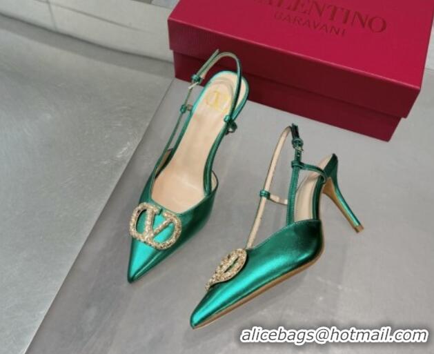 Luxury Discount Valentino Metallic Calfskin Slingback Pumps 8cm with Strass Green 1226010