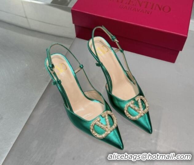 Luxury Discount Valentino Metallic Calfskin Slingback Pumps 8cm with Strass Green 1226010